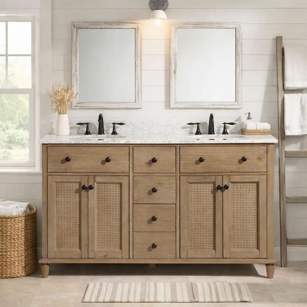 Annie 55 in. W x 22 in. D x 34.5 in. H Double Bath Vanity in Weathered Fir Marble Top in Carrara White with White Basin