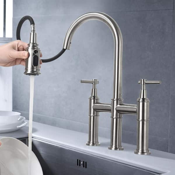 Double-Handle Deck Mount Brass Gooseneck Pull Down Sprayer Bridge Kitchen Faucet in Brushed Nickel