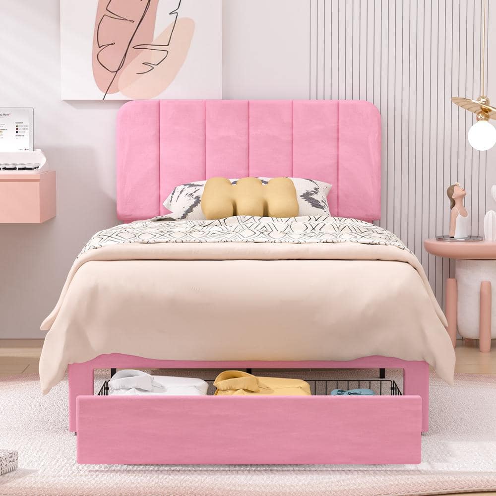 VECELO Platform Storage Bed Pink Metal Frame Twin Platform Bed
