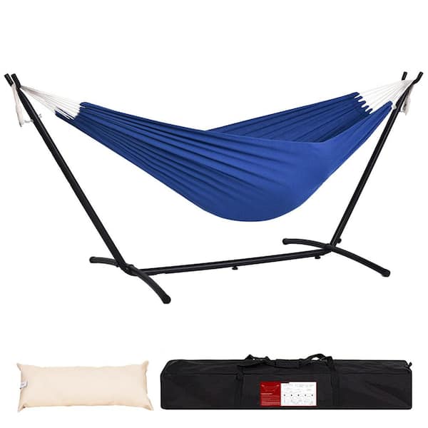 AURA OUTDOOR 9 ft. 2-Person Double Fabric Hammock with Free Standing Steel Stand Include Carrying Bag and Pillow, Blue