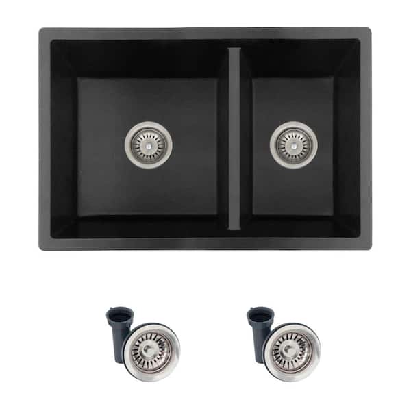 Dual Mount 27 in. Black Composite Granite 60/40 Double Bowl Kitchen Sink with Strainers
