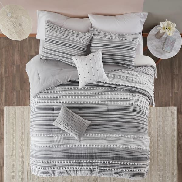 5pc Full/queen Clipped Stripe Poms Comforter Bedding Set Gray