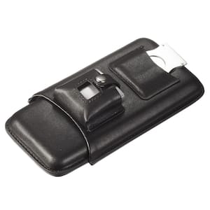 Renly Black Leather Cigar Case with Lighter and Cutter