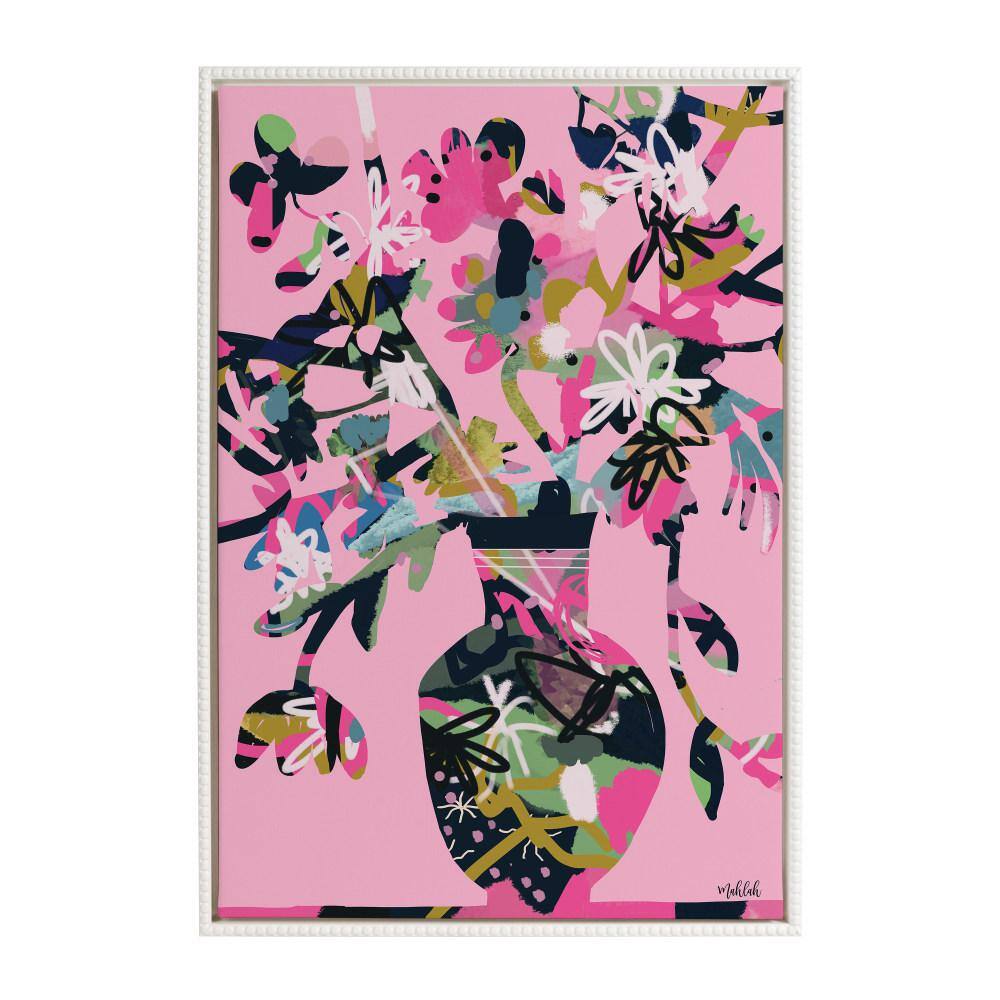 Colorful Floral Vase Print on Pink Canvas with White Beaded Frame