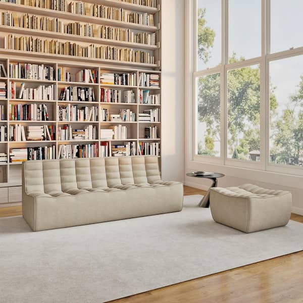 Set of 2 82 in. Khaki Modular Fireside Lazy Floor Sofa Couch Linen 3-Seater Loveseat Sectional Sofa with Ottoman