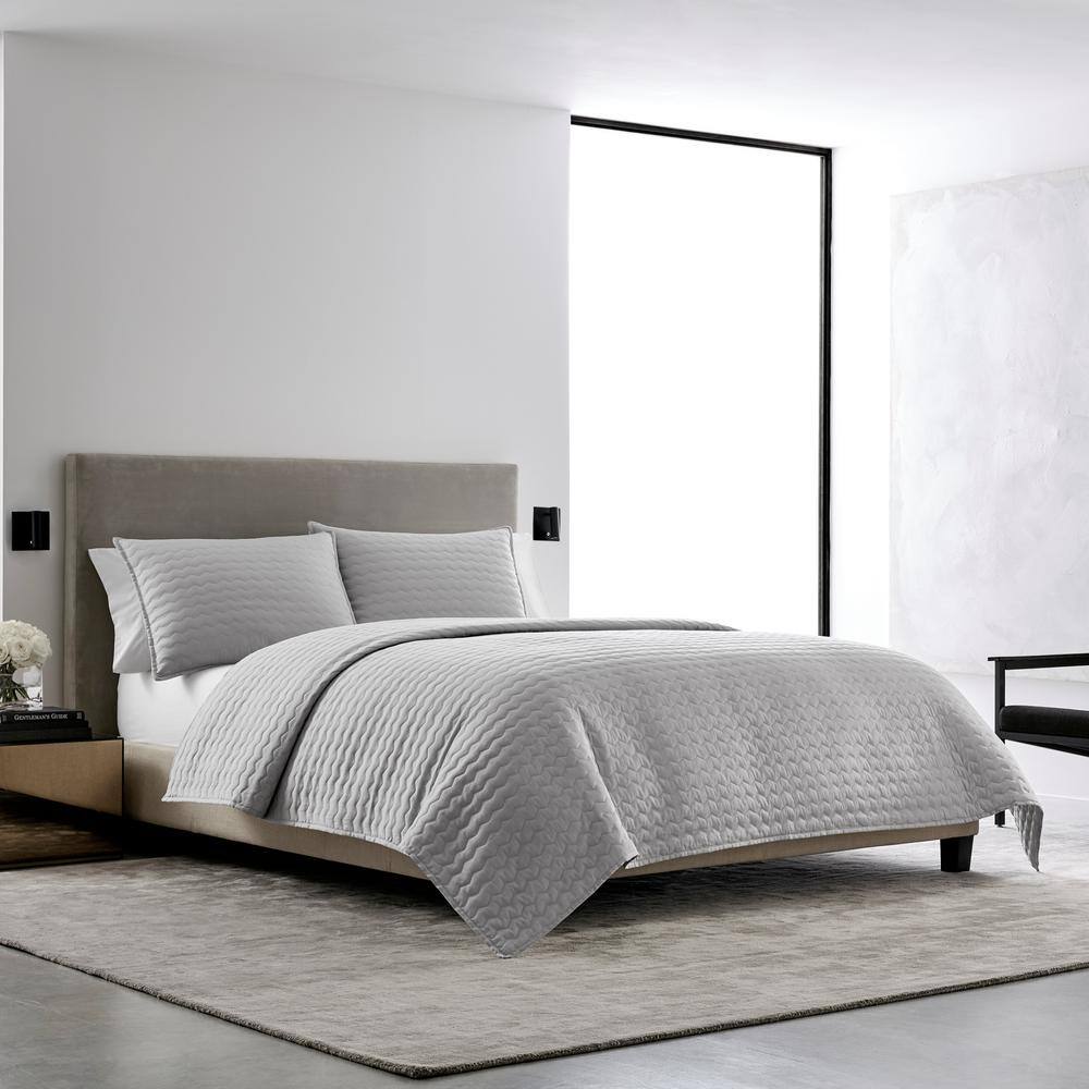 VERA WANG Herringbone 3-Piece Stitch Gray Solid Cotton Queen Quilt Set ...