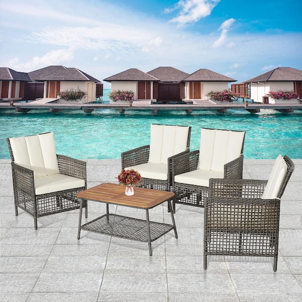 WELLFOR 5-Piece Wicker Patio Conversation Set with Off White Cushions