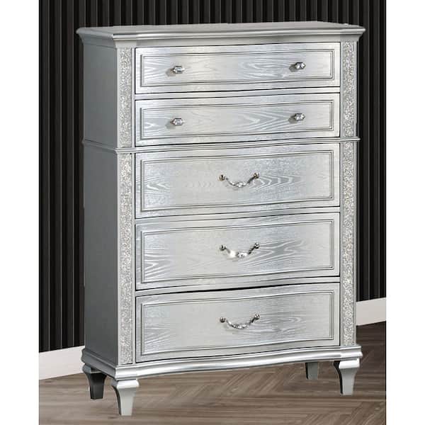 silver dresser chest Best Quality Furniture Nila 5-Drawer 19 in W. of Drawers B760-C Galaxy Home Sterling Silver Wood
