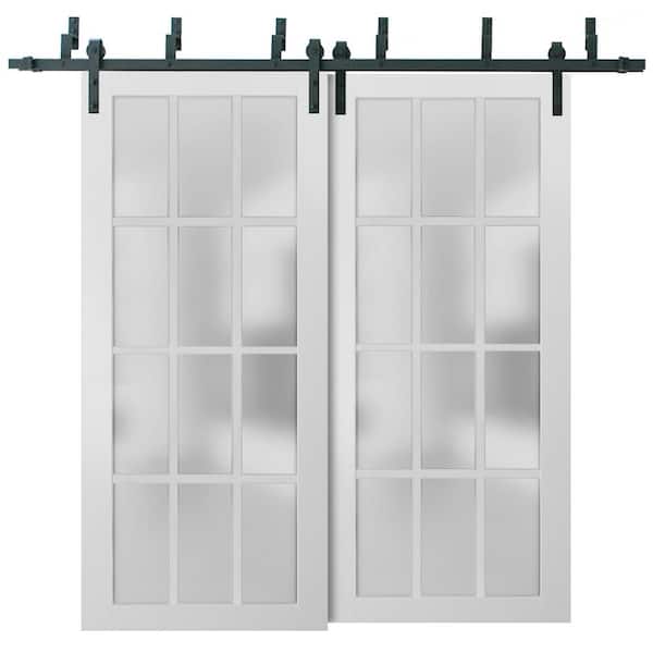Sartodoors 56 in. x 80 in. 3/4 Lite Frosted Glass Matte White Finished Solid Wood Sliding Barn Door with Hardware Kit