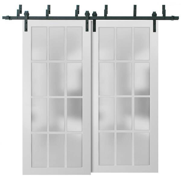 Sartodoors 60 in. x 84 in. 3/4 Lite Frosted Glass Matte White Finished Solid Wood Sliding Barn Door with Hardware Kit