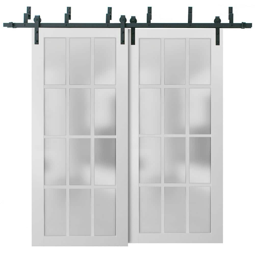 Sartodoors 84 in. x 96 in. 3/4 Lite Frosted Glass Matte White Solid Wood Sliding Barn Door with Hardware Kit