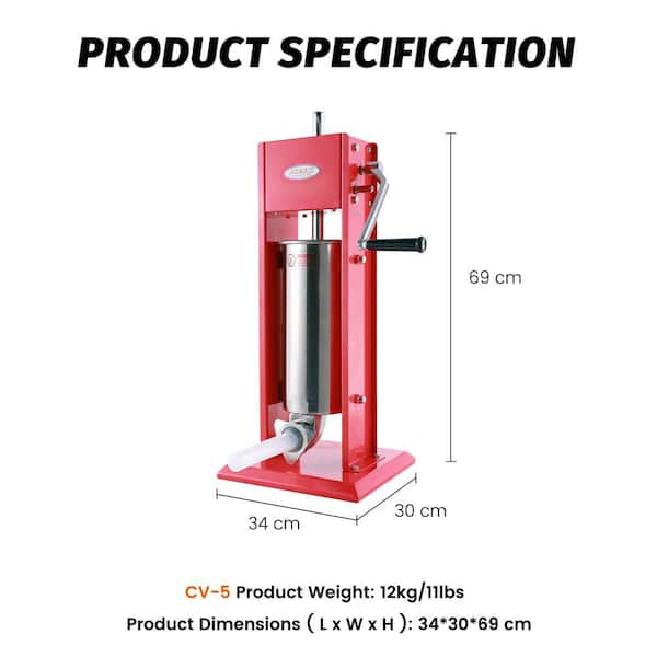 Commercial 11 lbs. / 5 L Stainless Steel Dual Speed Vertical Sausage Stuffer  Meat Filler with 5-Stuffing Tubes RichMSausageS05 - The Home Depot