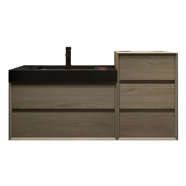 MIA 55 in. W. x 20 in. D x 30 in. H Single Sink and Side Cabinet Bath Vanity Coffee Wood with Black Stainless-Steel Top