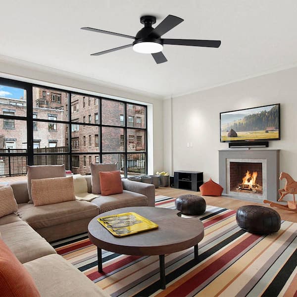 52 in. Indoor Integrated LED Matte Black Flush Mount Ceiling Fan with Light, Reversible Blade and Remote Control