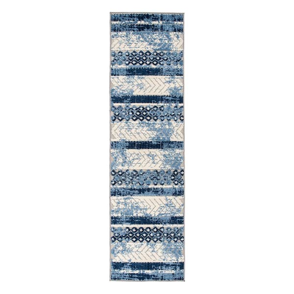 World Rug Gallery Navy 2 ft. x 7 ft. Distressed Geometric Indoor/Outdoor Runner Rug