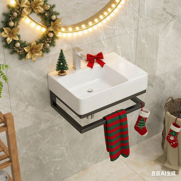 23 in. White Wall-Mount Rectangular Ceramic Bathroom Console Sink with Single Faucet Hole and Black Towel Bar