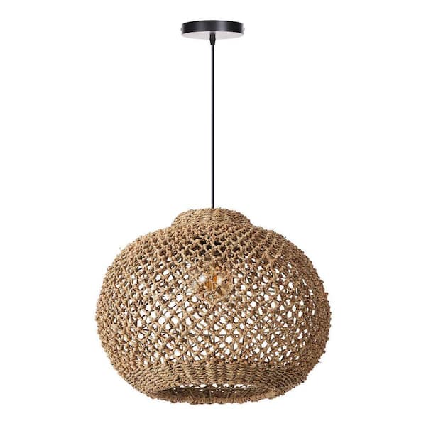 60-Watt 1 Light Brown Textured Rattan Boho Pendant Light with Spherical Shade, No Bulbs Included, 16 in.