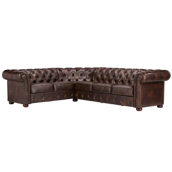 HomeSullivan Radcliffe Chocolate Faux Leather 6-Seater L-Shaped Chesterfield Sectional Sofa with Wood Legs