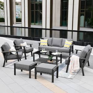 Walden Grey 7-Piece Wicker Metal Outdoor Patio Conversation Sofa Seating Set with Dark Grey Cushions