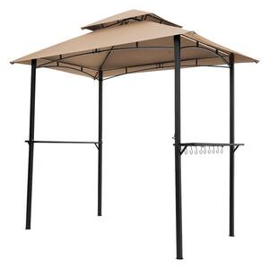 8 ft. x 5 ft. Khaki Grill Gazebo Shelter Tent, Double Tier Soft Top Canopy and Steel Frame with Hook and Bar Counters