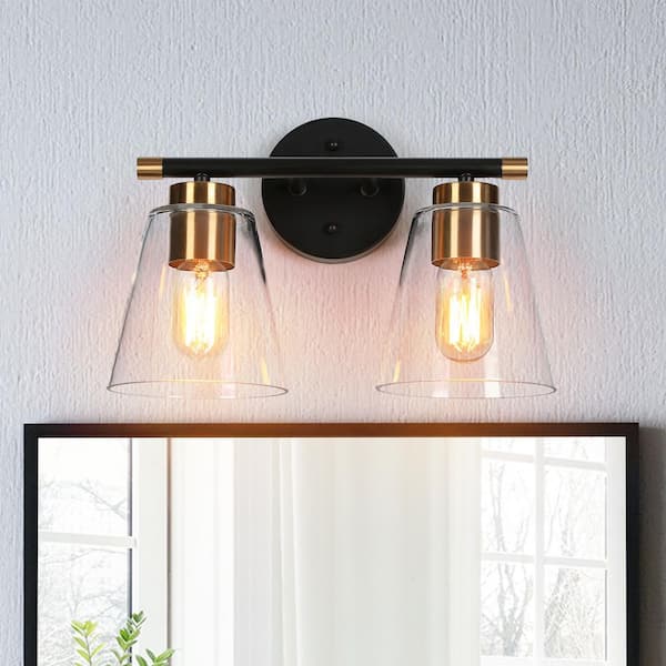 Transitional Bathroom Vanity Light, 13.8 in. Modern 2-Light Black and Gold Powder Room Wall Light with Clear Glass Shade