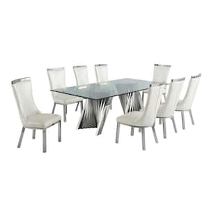 Becky 9-Piece Rectangular Glass Top With Stainless Steel Base Table set With 8-White Faux Leather Side Chairs