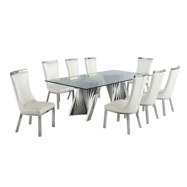 Best Quality Furniture Becky 9-Piece Rectangular Glass Top With Stainless Steel Base Table set With 8-White Faux Leather Side Chairs