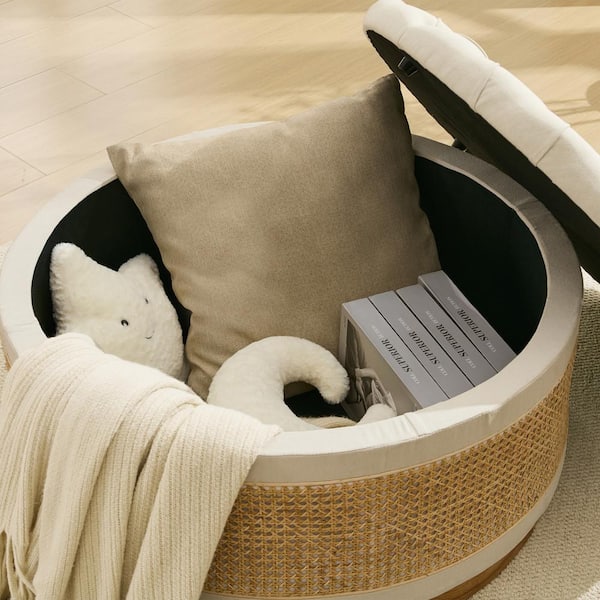 JEAREY Beige Linen Tufted Rattan Round Storage Ottoman for