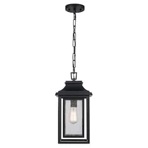 Bosque 16.5 in. 1-Light Black Outdoor Pendant Light Fixture with Clear Seeded Glass