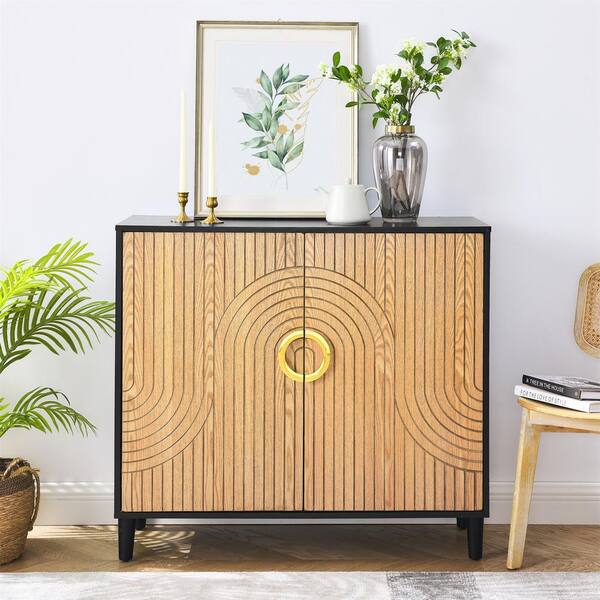 AndMakers Black and Oak 35.5 in. H Storage Accent Cabinet with Shelves