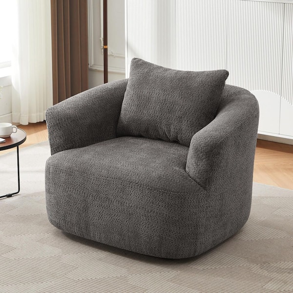 Harper & Bright Designs Gray 360° Swivel Arm Chair Boucle Fabric Upholstered Sofa Chair with a Throw Pillow