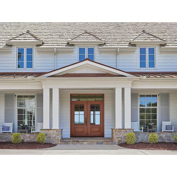 36 in. x 80 in. Right-Hand 4 Lite Clear Glass Milk Chocolate Stain Fiberglass Prehung Front Door with Brickmould