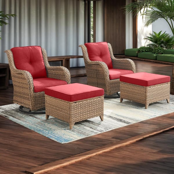 moosprr 4-Piece Yellow Wicker Outdoor Swivel Glider with Red Cushions and Matching Ottomans Rocking Chairs for Patio or Garden