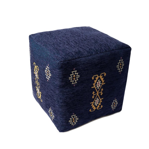 Unbranded Kian Navy Blue / Mustard Yellow Polyester Blend 18 in.  x 18 in.  Cube Bohemian Turkish Medallion Ultra-Soft Pouf