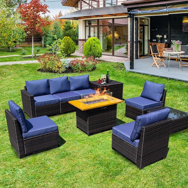 Unbranded 8-Piece PE Rattan Wicker Patio Conversation Set with Blue Cushions and 40 in. Firepit Table