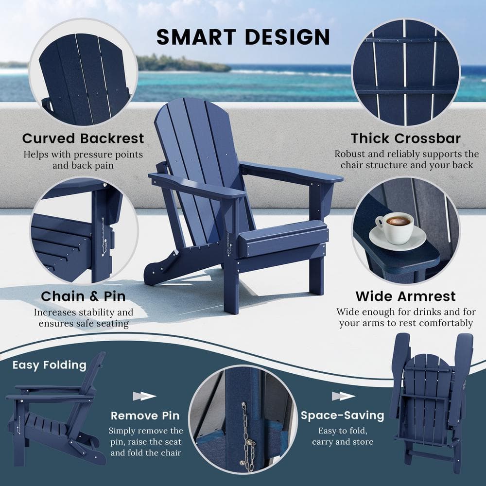 Navy Blue Folding Poly Adirondack Chair with Square Arms