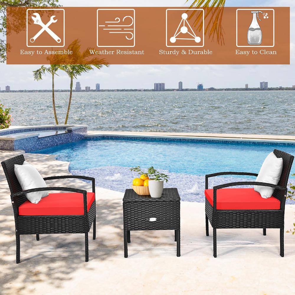 Red Cushioned Black Rattan 2-Person Patio Conversation Set