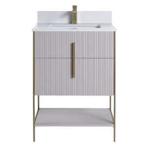 24 in. W x 18 in. D x 33.5 in. H Bath Vanity in Bright Taupe with White Sintered Stone Top with Satin Brass Hardware