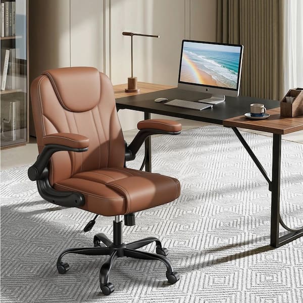 Ergonomic Faux Leather Task Chair with S-Curve Lumbar Support, 360° Swivel, Adjustable Height, Flip-Up Arms in Brown