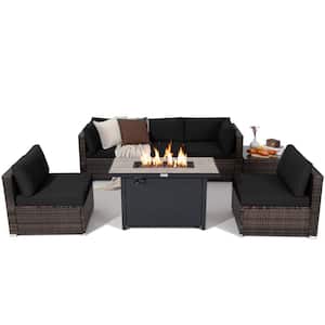 7 Piece Wicker Patio Conversation Set with 60000 BTU Fire Pit Table & Protective Cover & Black Cushions