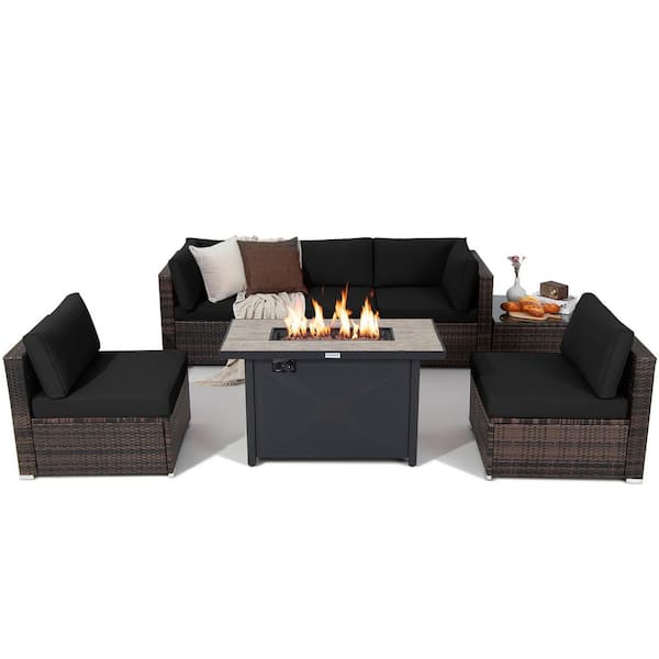 Costway 7 Piece Wicker Patio Conversation Set with 60000 BTU Fire Pit Table & Protective Cover & Black Cushions