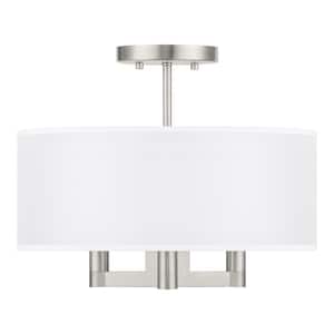 Hiddenbrook 15 in. 3-Light Brushed Nickel Semi-Flush Mount with White Fabric Shade