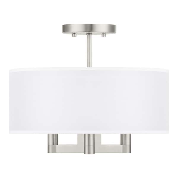 Home Decorators Collection Hiddenbrook 15 in. 3-Light Brushed Nickel Semi-Flush Mount with White Fabric Shade