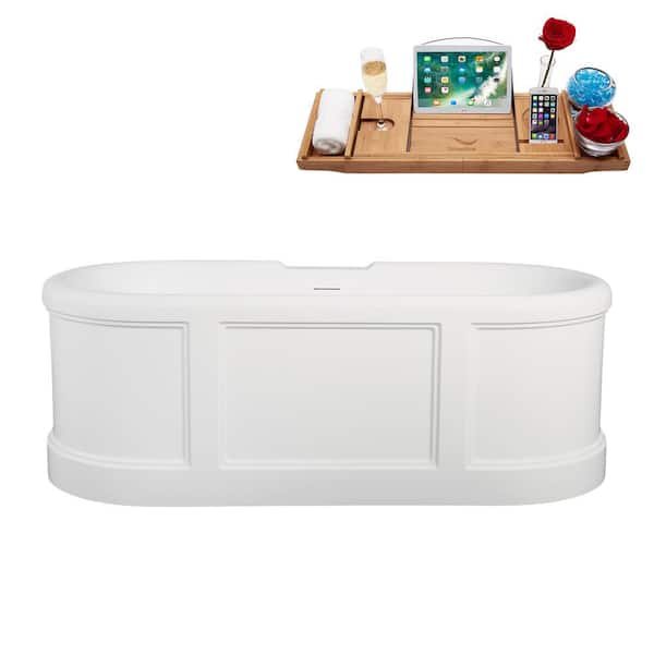 Streamline 67 in. x 30 in. Acrylic Freestanding Soaking Bathtub in Glossy White With Polished Chrome Drain, Bamboo Tray