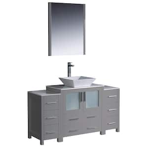 Torino 54 in. Bath Vanity in Gray with Glass Stone Vanity Top in White with White Vessel Sink, Side Cabinets and Mirror