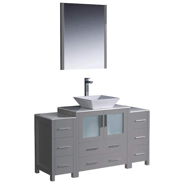 Fresca Torino 54 in. Bath Vanity in Gray with Glass Stone Vanity Top in White with White Vessel Sink, Side Cabinets and Mirror