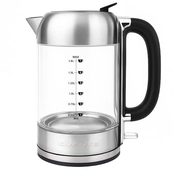 OVENTE Electric Kettle 1. 8L Borosilicate Glass, 1500W Instant Water Boiler, ProntoFill Technology, Auto Shut-Off, Silver KG71S