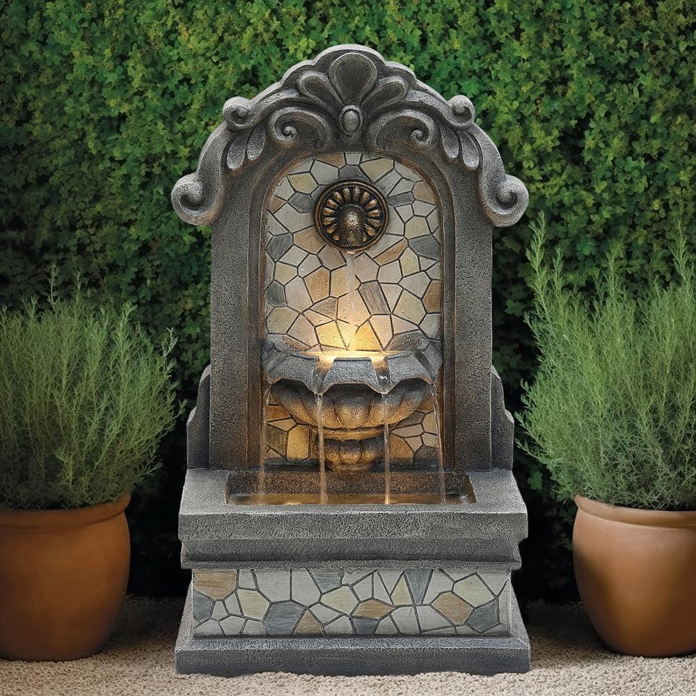LuxenHome 27" Gray Resin Mosaic Tile Outdoor Water Fountain with Lights