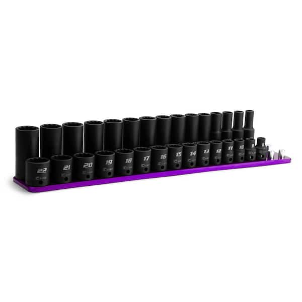 3/8 in. Drive Metric 12-Point Shallow and Deep Impact Socket Set with Purple Billet Aluminum Socket Rail (30-Piece)