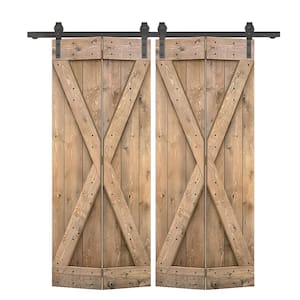 72 in. x 84 in. X Pre Assembled Light Brown Wood Double Solid Core Bi-fold Barn Doors with Sliding Hardware Kit